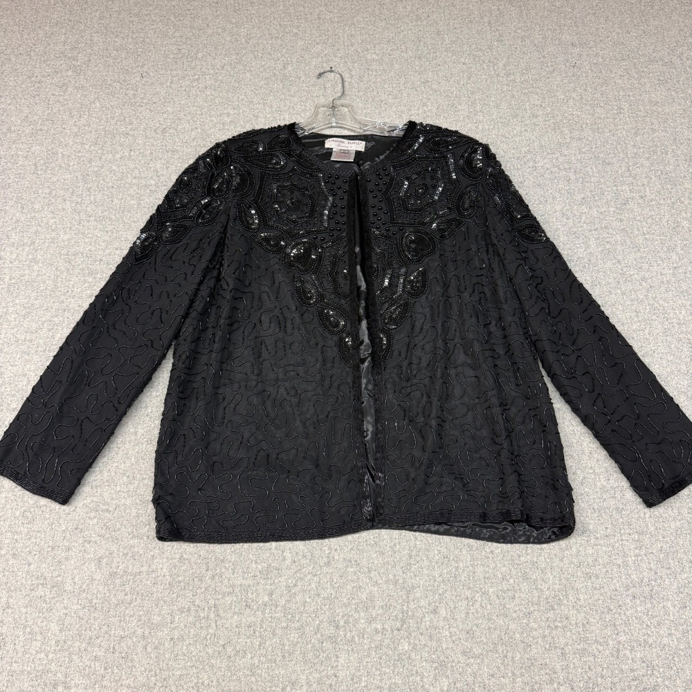 Adrianna Papell Evening Beaded Silk Jacket XL Black Sequin Formal Open Front